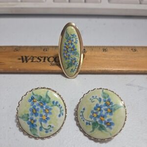 Antique Hand Painted Ring Earrings Forget Me Not Blue Flower Victorian Gold Tone